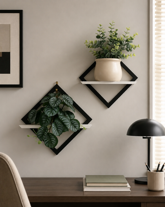 Geometric wall shelves with plants in a home office setting