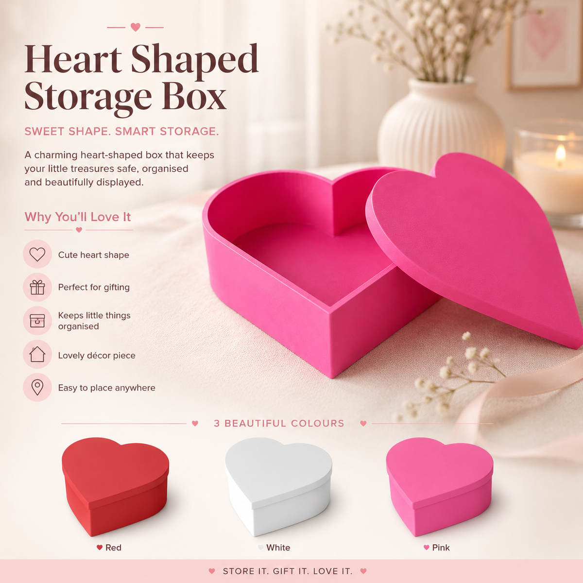 Heart-shaped storage box in bright pink, shown open with its lid leaning against it on a soft beige surface. The image includes marketing text, a small vase with dried stems, a candle, and three color options shown at the bottom: red, white, and pink.