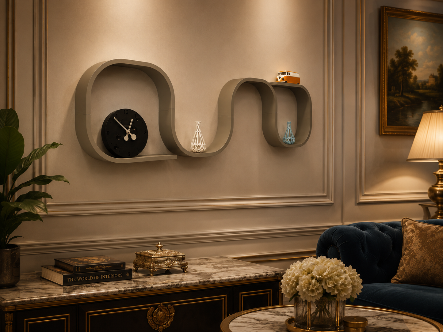 Beige brown curved wall shelf with warm LED groove light in luxury living room