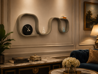 Beige brown curved wall shelf with warm LED groove light in luxury living room