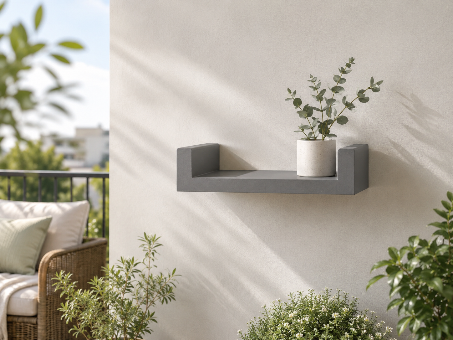 Gray wall shelf with a plant on a balcony with greenery