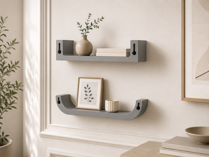 Gray wall shelves with decorative items on a neutral wall.