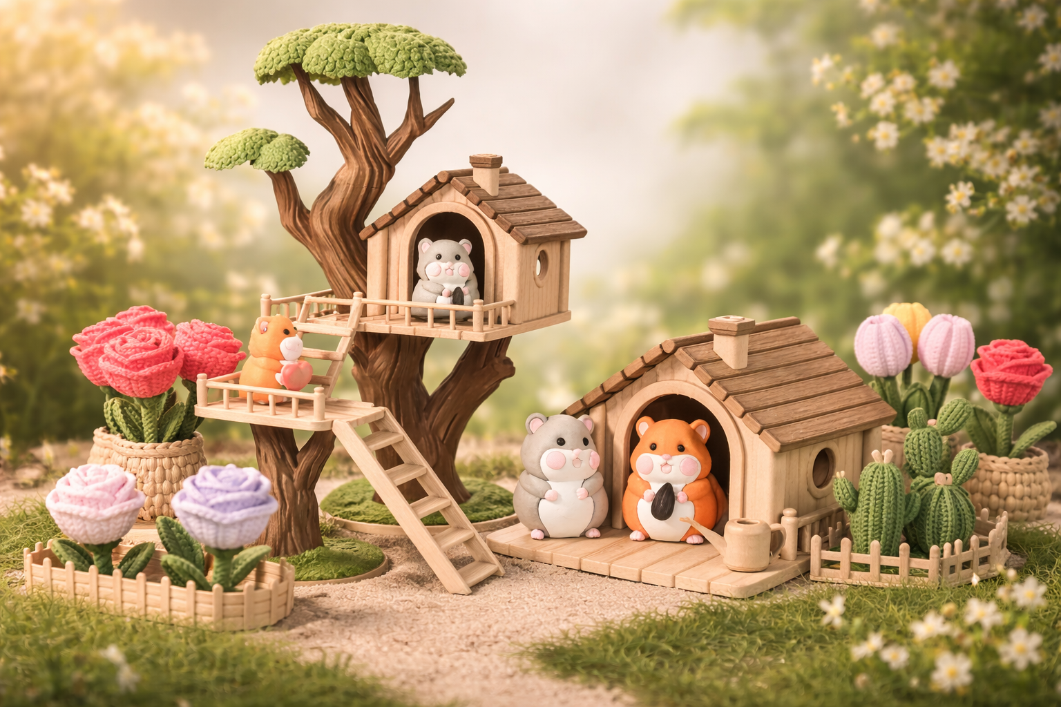 Miniature treehouse with animal figurines and decorative plants in a garden setting