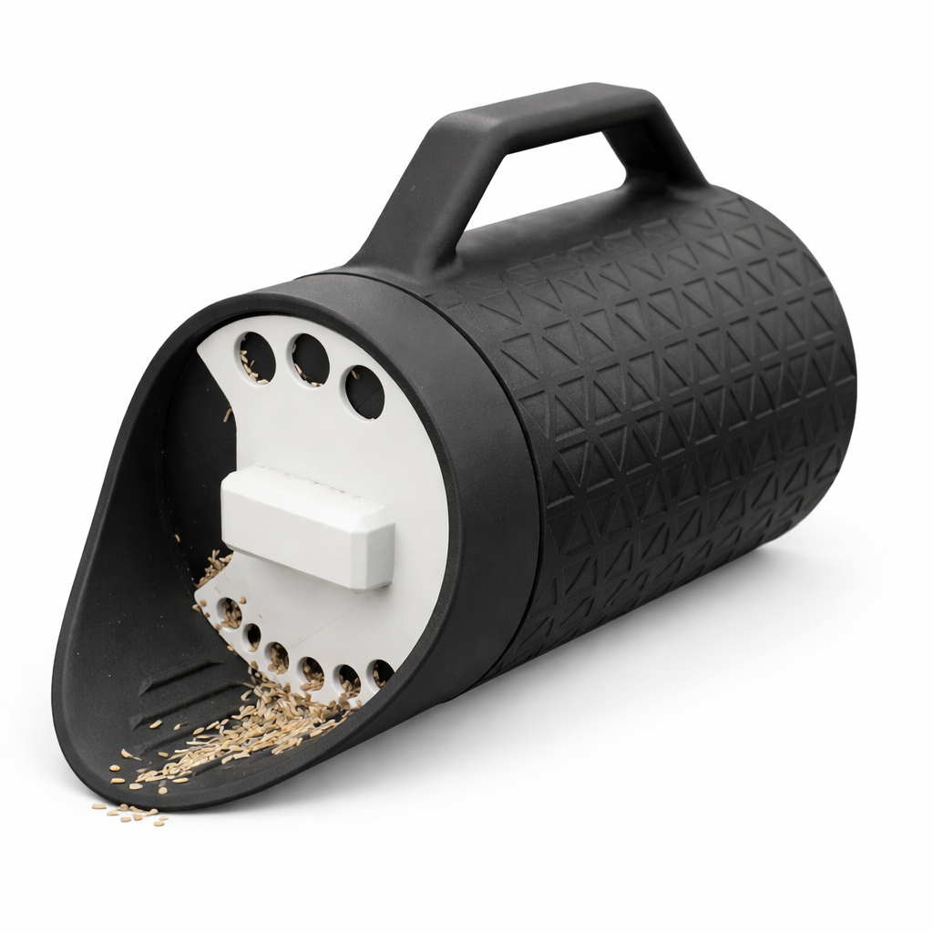 Black and white cylindrical grinder with seeds on a white background