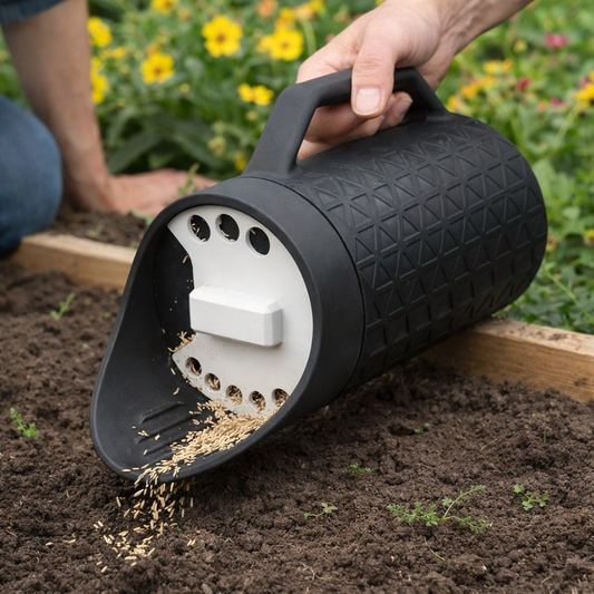 Black seed disperser being used to sow seeds into soil with a garden background