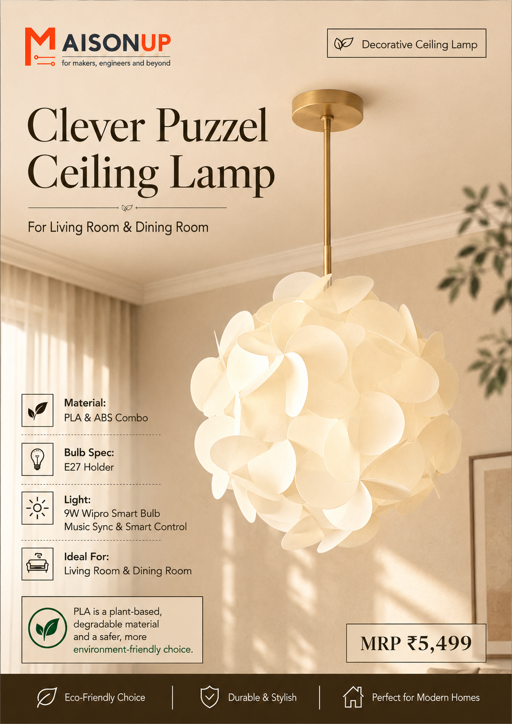 Maisonup Clever Puzzel Ceiling Lamp in a warm beige living room setting, featuring a white flower-like globe shade and a gold brass ceiling mount. The image includes product specifications and features on the left side.