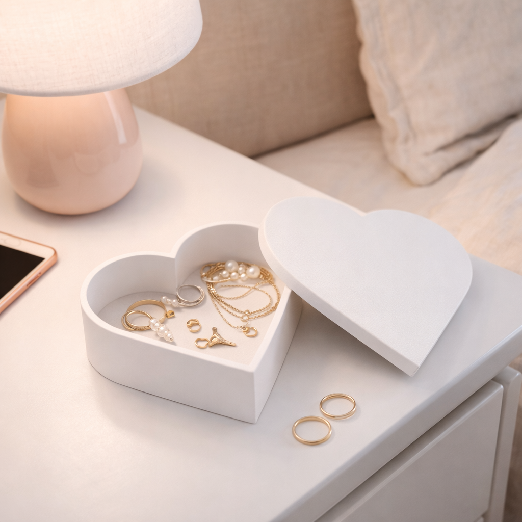 Heart-shaped jewelry box with gold jewelry on a nightstand