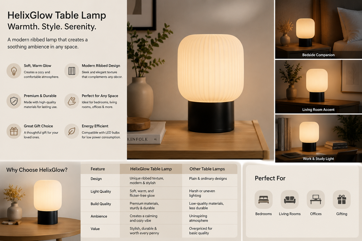 HelixGlow table lamp shown in a promotional infographic with multiple lifestyle scenes, feature callouts, and comparison text. The lamp is a rounded ribbed design emitting warm white light, shown on a tabletop in a softly lit interior setting.