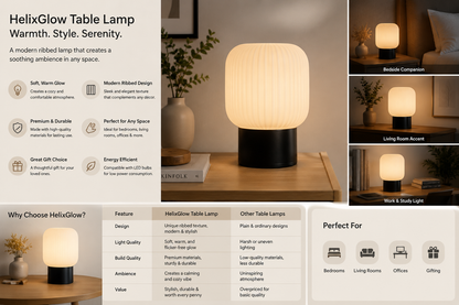 HelixGlow table lamp shown in a promotional infographic with multiple lifestyle scenes, feature callouts, and comparison text. The lamp is a rounded ribbed design emitting warm white light, shown on a tabletop in a softly lit interior setting.