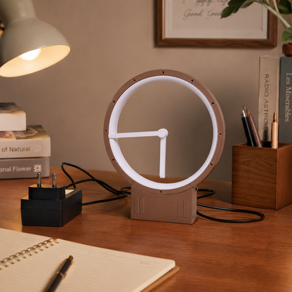 Modern black hollow desk clock with white dial showing approximate product dimensions.
