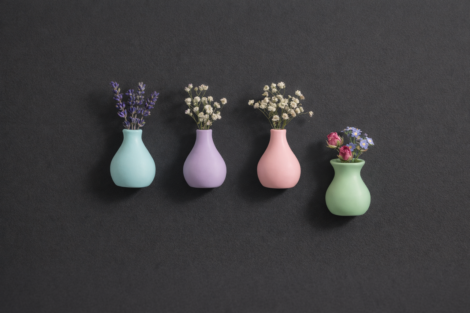 Four small vases with flowers on a dark background