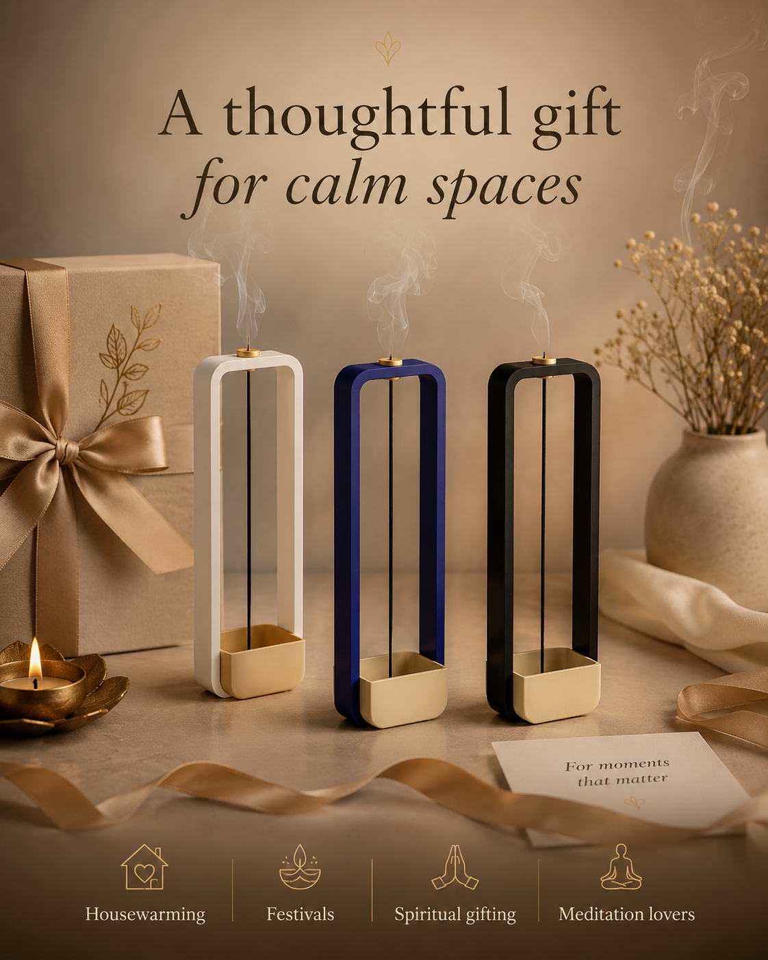 Three minimalist rectangular incense burners in white, deep blue, and black are displayed on a tabletop with steam rising from them. A wrapped gift box with a gold ribbon, a lit candle, dried flowers in a vase, and decorative text reading 'A thoughtful gift for calm spaces' appear around them, suggesting a gift set or promotional scene.