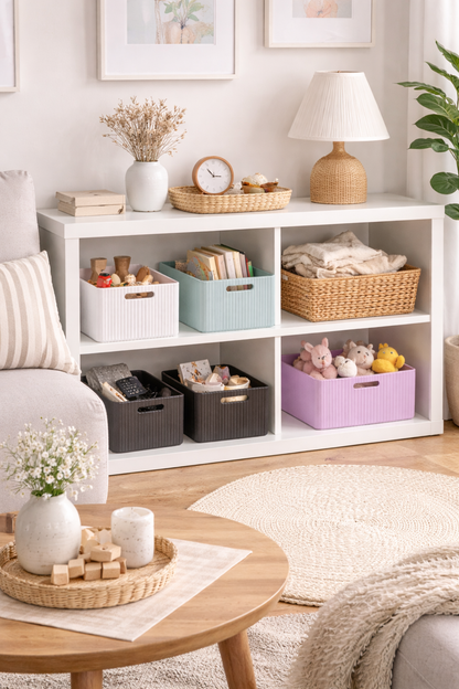 White shelving unit with storage bins and decor in a living room setting.