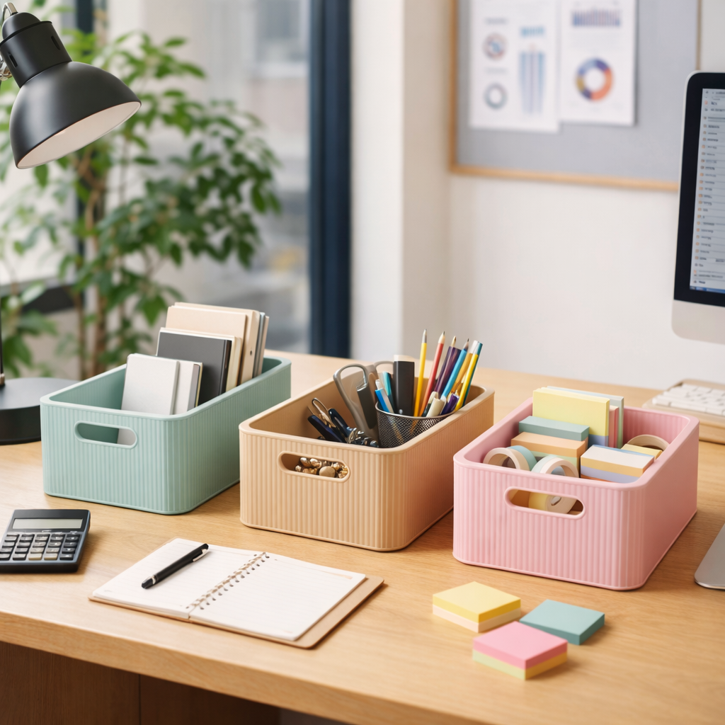 Colorful storage bins on a desk with office supplies in a well-lit room.