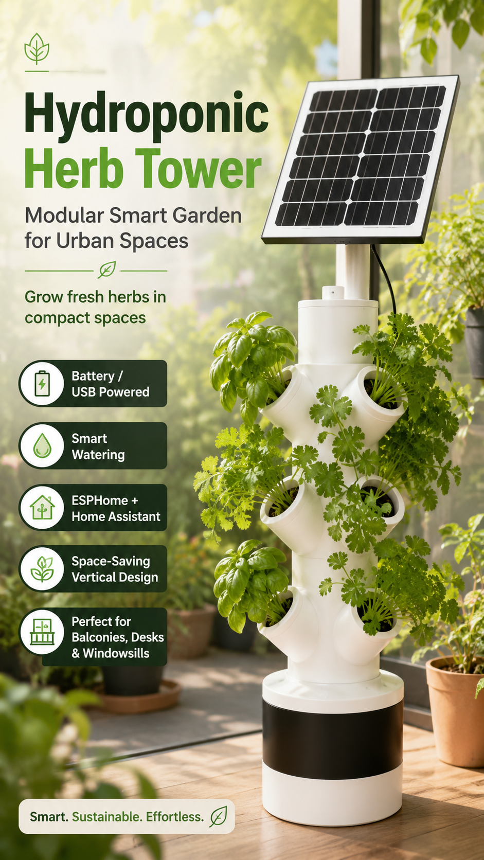 Hydroponic herb tower with solar panel and green plants on a wooden surface.