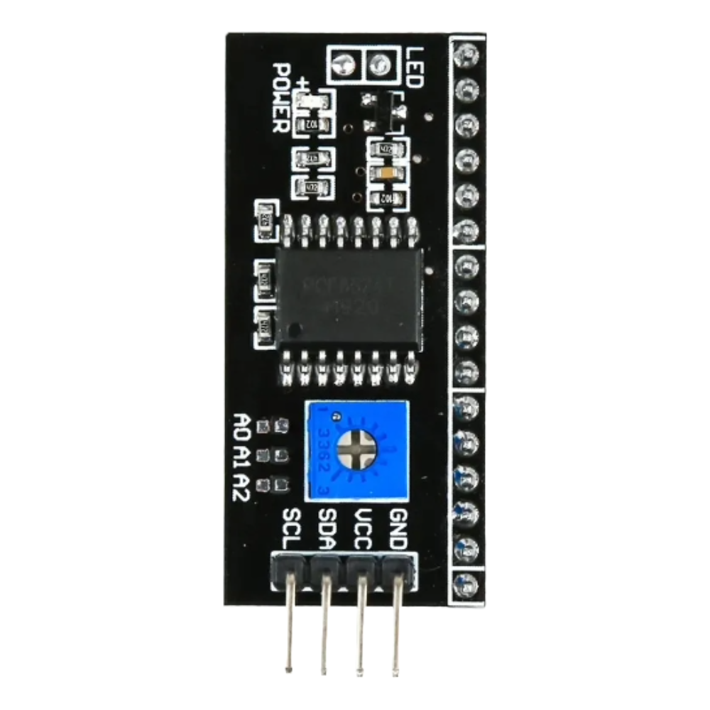 Electronic component board with various pins and labels on a white background