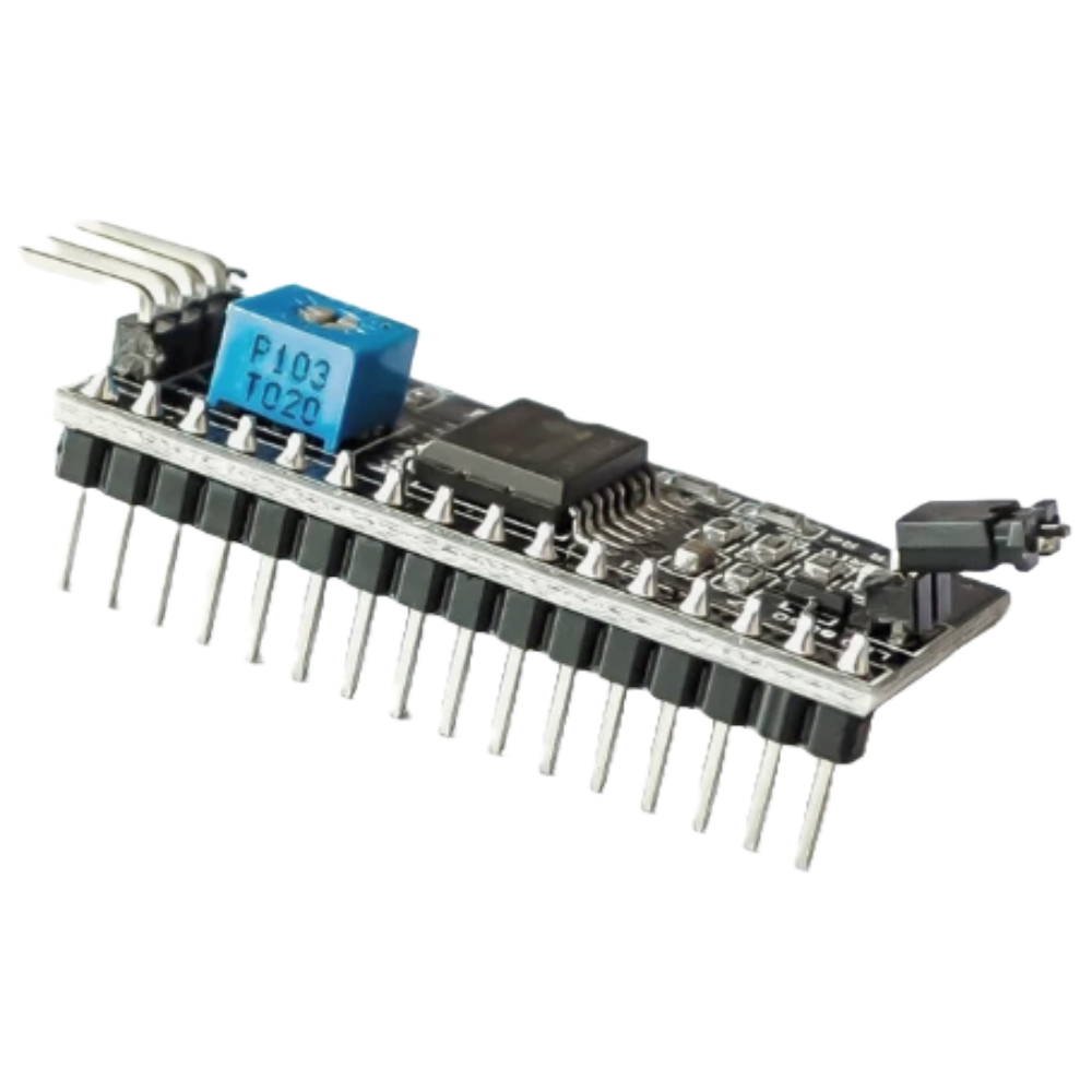 Electronic component with pins and a blue chip on a white background