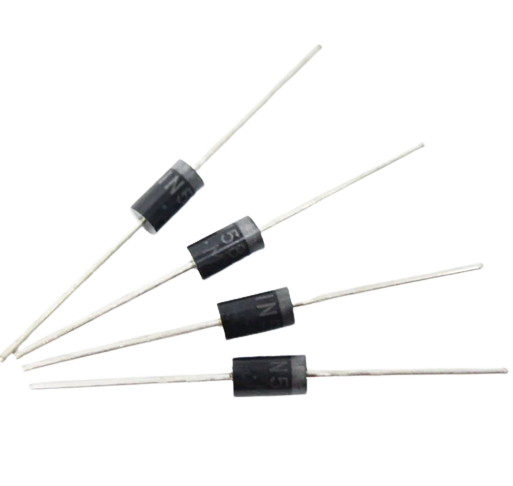 Four black diodes with white leads on a white background