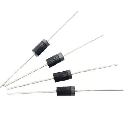 Four black diodes with white leads on a white background