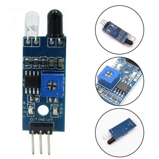 Electronic sensor module with close-up insets on a white background