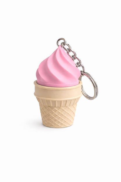 Pink ice cream cone keychain on a white background