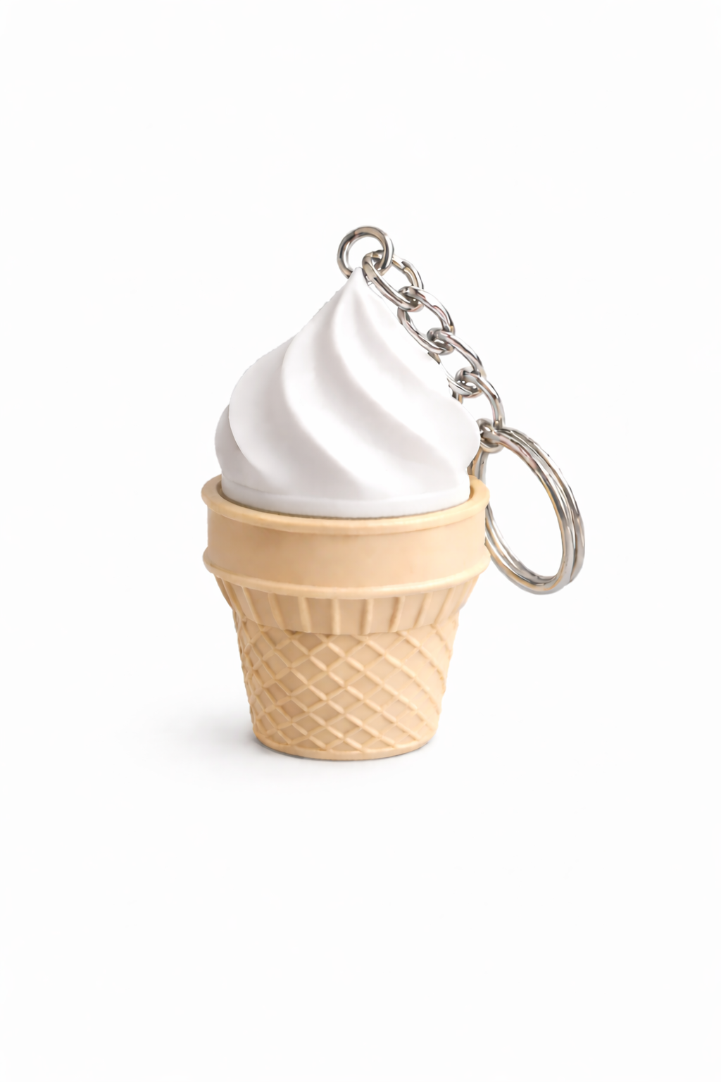 Ice cream cone keychain with white top and beige base on a white background