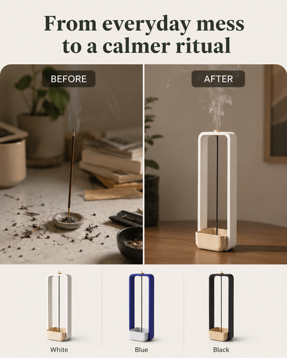A promotional collage for a minimalist incense holder. The top half shows a before-and-after lifestyle comparison: a messy incense burning scene labeled BEFORE, and a clean, organized scene labeled AFTER with the product centered.