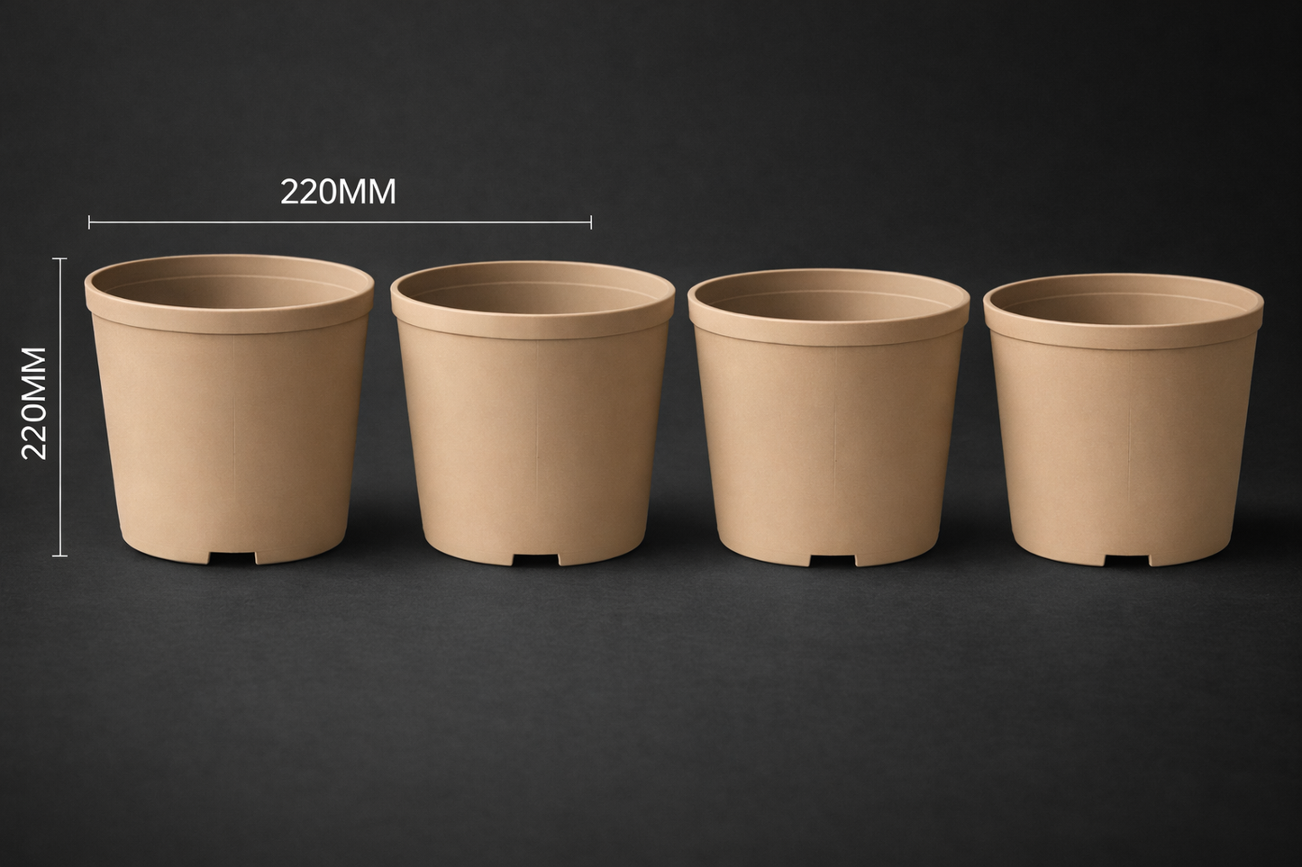 Four brown plant pots of different sizes on a black background with measurements indicated.