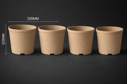 Four brown plant pots of different sizes on a black background with measurements indicated.