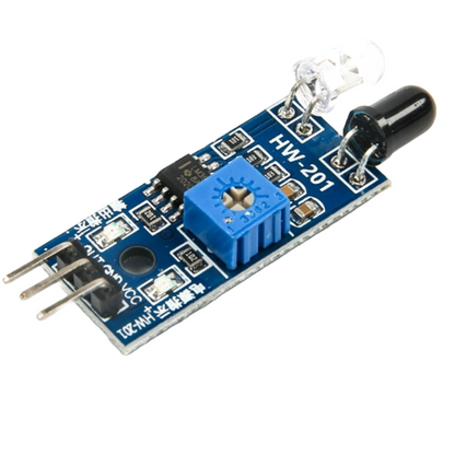 Electronic sensor module with blue circuit board on a white background