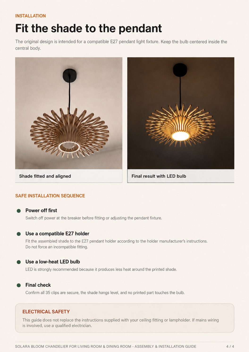 An installation guide page for a Solaris outdoor chandelier shade, showing step-by-step instructions, safety information, and two photos demonstrating how to fit and align the shade with a pendant light bulb.