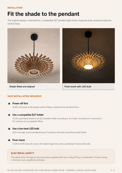 An installation guide page for a Solaris outdoor chandelier shade, showing step-by-step instructions, safety information, and two photos demonstrating how to fit and align the shade with a pendant light bulb.