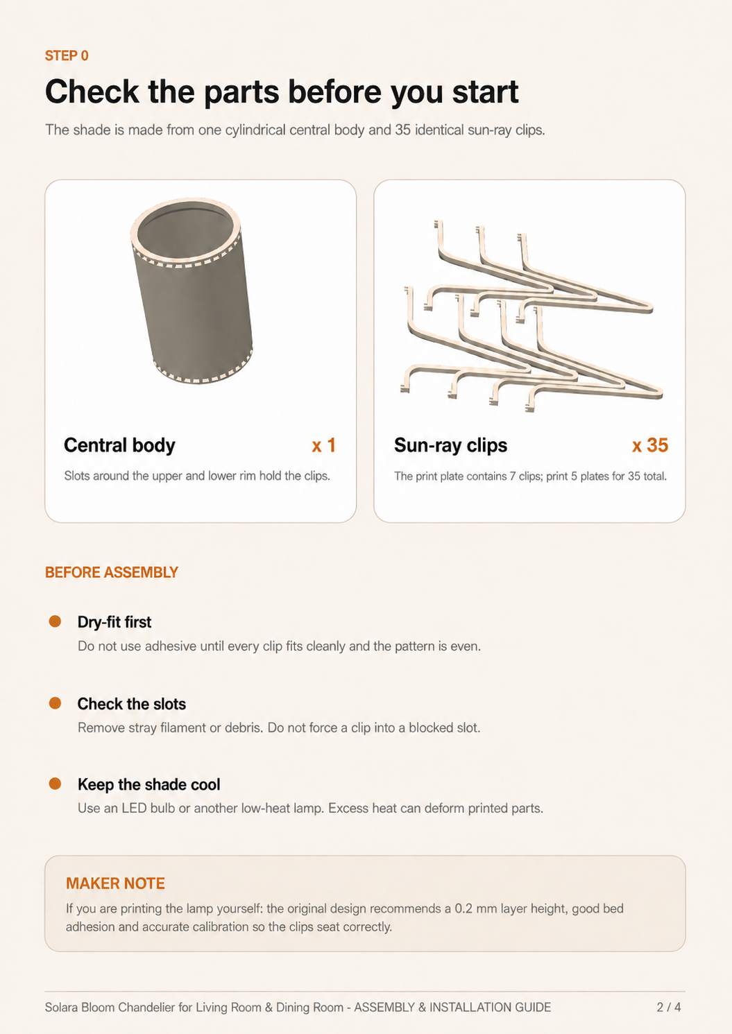 Assembly and installation guide page for the Solarex Bloom Chandelier, showing parts to start with a central body and 35 sun-ray clips, along with assembly precautions and notes.