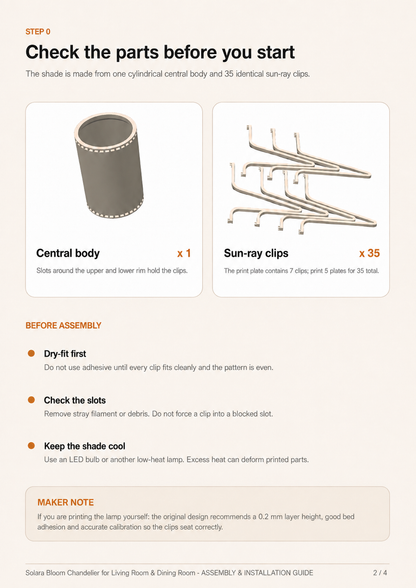 Assembly and installation guide page for the Solarex Bloom Chandelier, showing parts to start with a central body and 35 sun-ray clips, along with assembly precautions and notes.