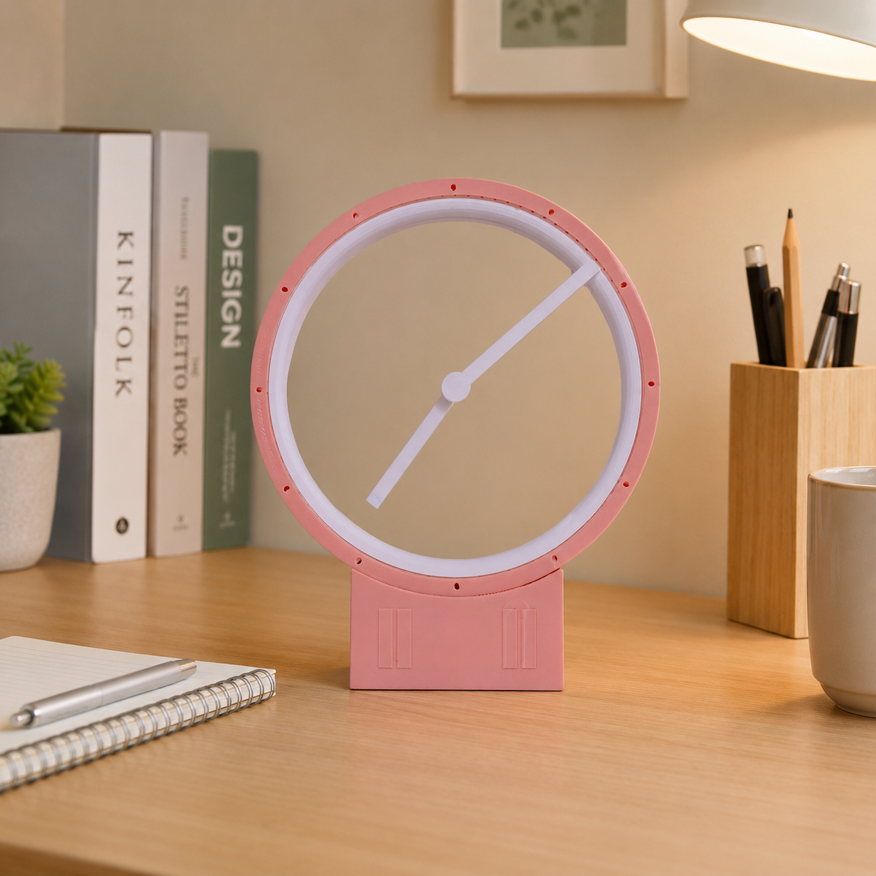 A pink desk clock with a circular LED light panel and white hands, shown on a wooden desk in a styled home office setting with books, a notebook, and a lamp.