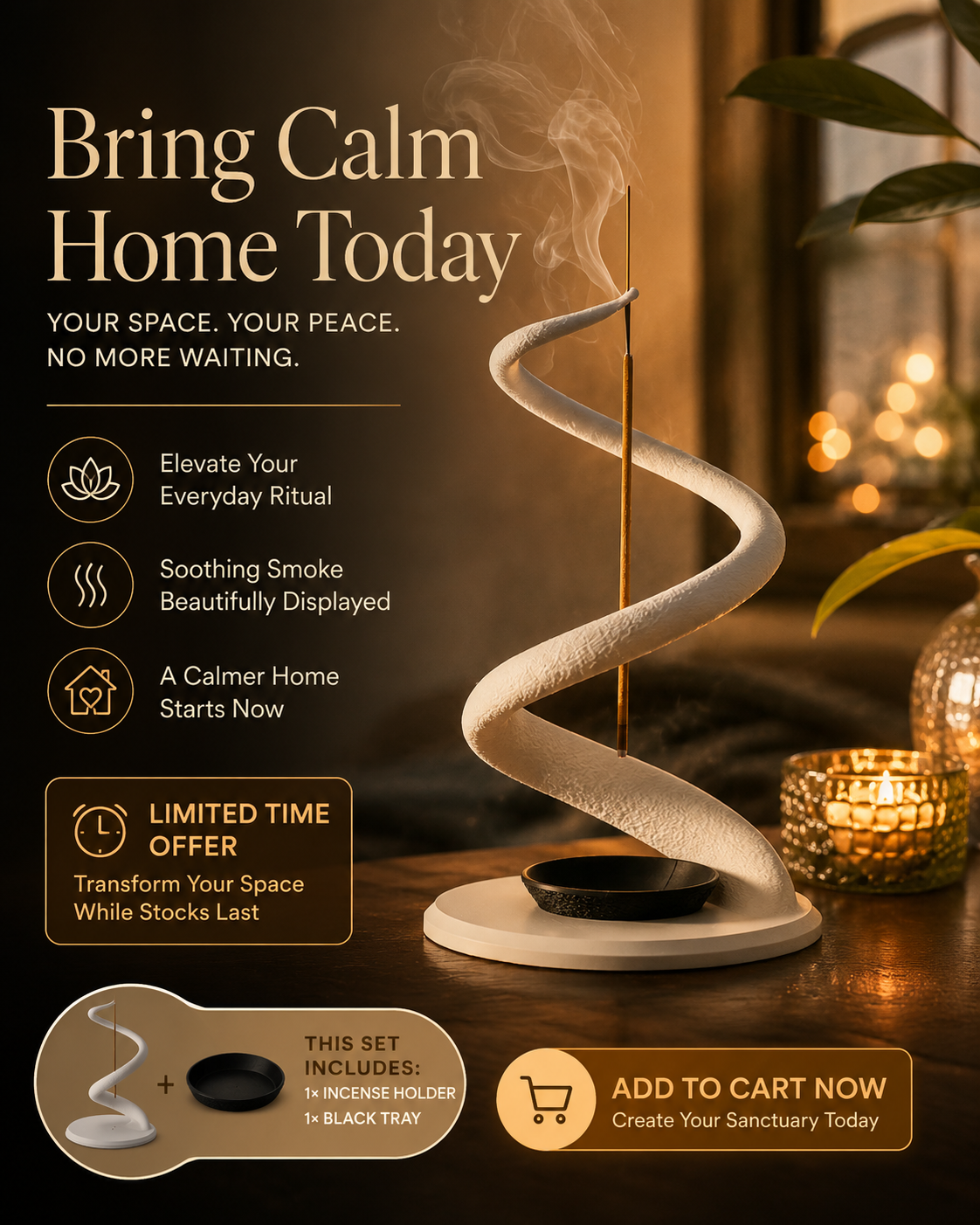 A promotional graphic for a spiral incense holder set on a dark wooden table, featuring a white spiral windmill-style incense holder with a single incense stick, a black bowl, and a black tray. The background is a warm, softly blurred home interior with candles and green leaves.