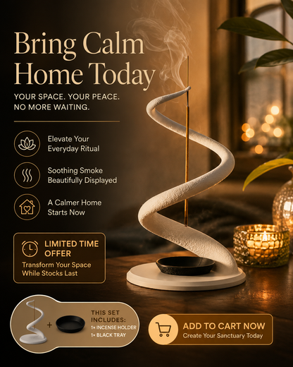 A promotional graphic for a spiral incense holder set on a dark wooden table, featuring a white spiral windmill-style incense holder with a single incense stick, a black bowl, and a black tray. The background is a warm, softly blurred home interior with candles and green leaves.