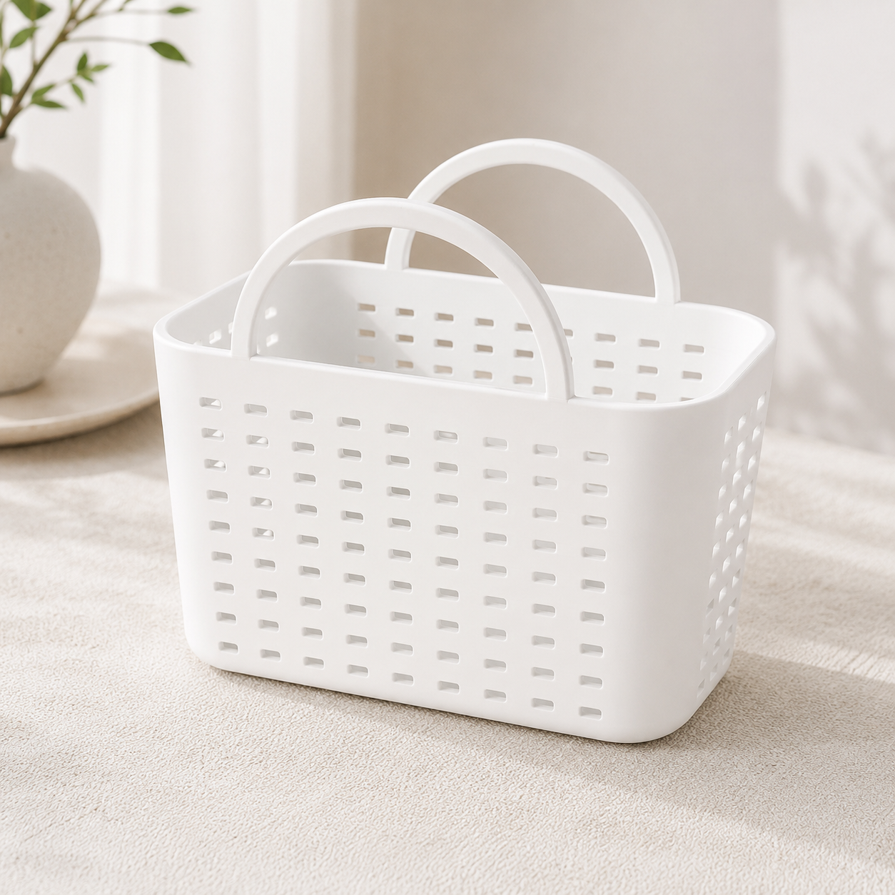 A white plastic laundry basket with two loop handles, featuring a perforated grid pattern on the sides, set on a light beige fabric surface.