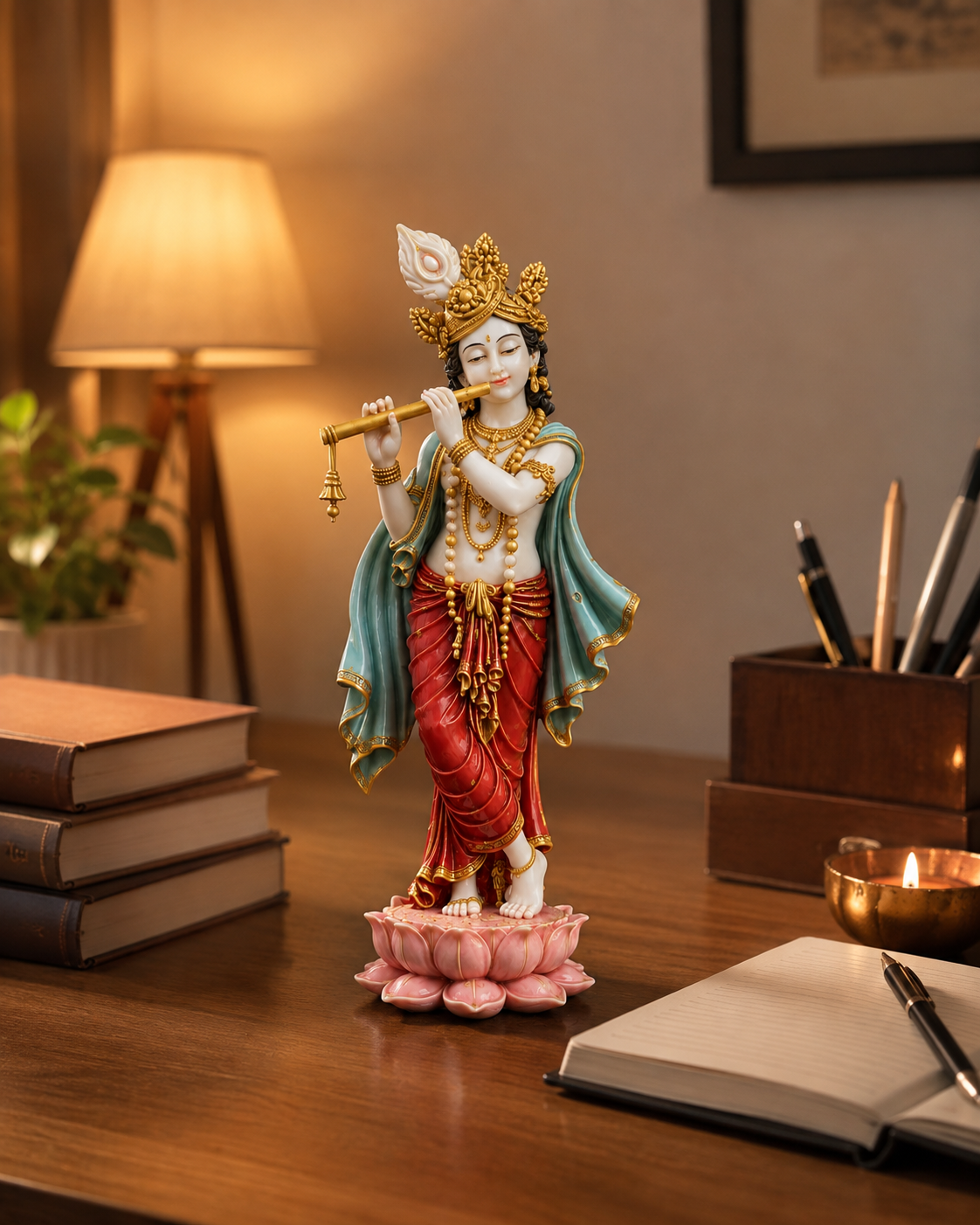 A decorative figurine of a seated figure playing a flute, styled on a wooden desk with books, an open notebook, and a lamp in the background.