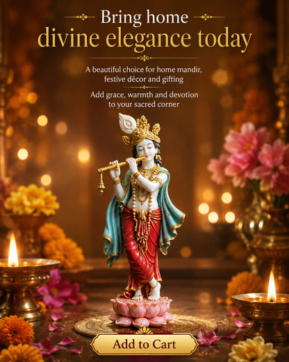 A decorative Hindu deity figurine standing on a pink lotus, playing a flute, set in a warm, glowing home decor scene with flowers, diya candles, and promotional text reading 'Bring home divine elegance today' and 'Add to Cart'.