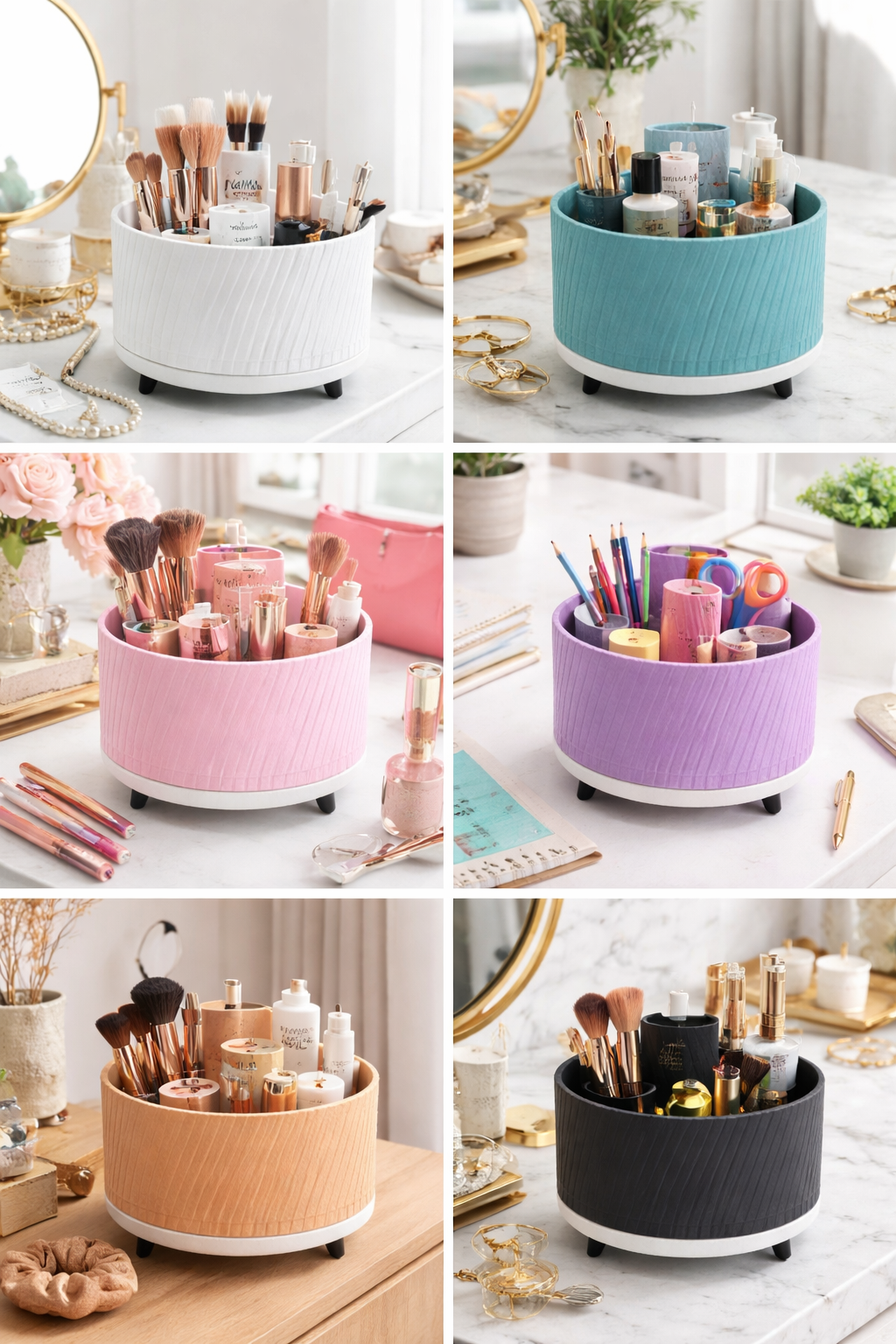 Collection of round makeup organizers in various colors with cosmetic items inside.