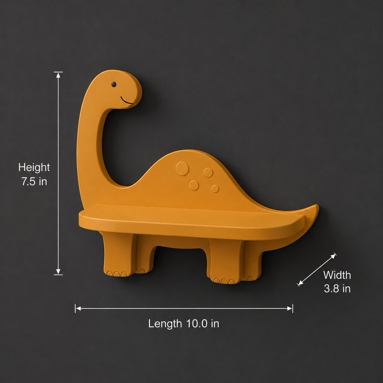 A mustard yellow dinosaur-shaped wall shelf or bench shown on a dark gray background with dimension lines and text indicating height 7.5 in, length 10.
