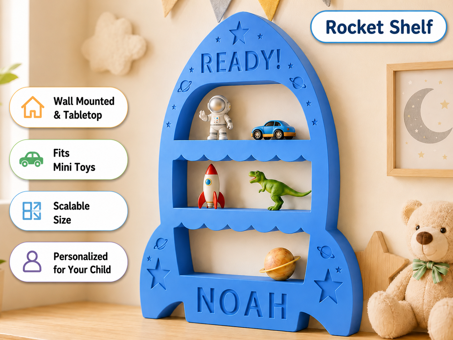 A blue rocket-shaped children's shelf with three open tiers, shown in a styled nursery setting. The shelf is personalized with the name 'NOAH' at the bottom and has toy examples displayed on its shelves.