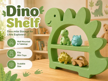 A green dinosaur-shaped wooden toy storage shelf with two tiers, shown holding small dinosaur and car toys in a softly lit children's room. Large text on the left reads 'Dino Shelf' with feature callouts including wall mounted, fits mini toys, and scalable size.
