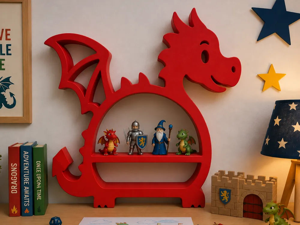 A red dragon-shaped wooden shelf with a built-in shelf inside, styled on a tabletop with small toy figures, books, a castle toy, and a star lamp in a child's room.
