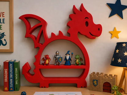 A red dragon-shaped wooden shelf with a built-in shelf inside, styled on a tabletop with small toy figures, books, a castle toy, and a star lamp in a child's room.