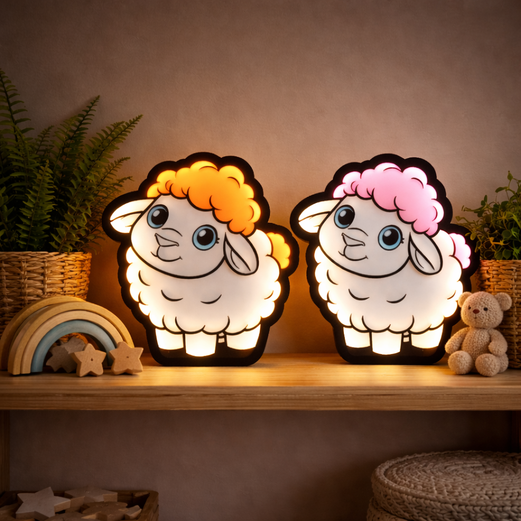 Two cartoon sheep night lights on a shelf with decorative items.