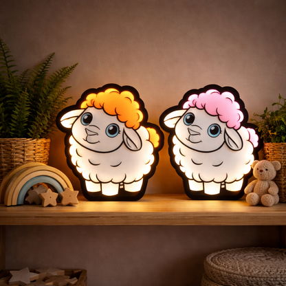 Two cartoon sheep night lights on a shelf with decorative items.