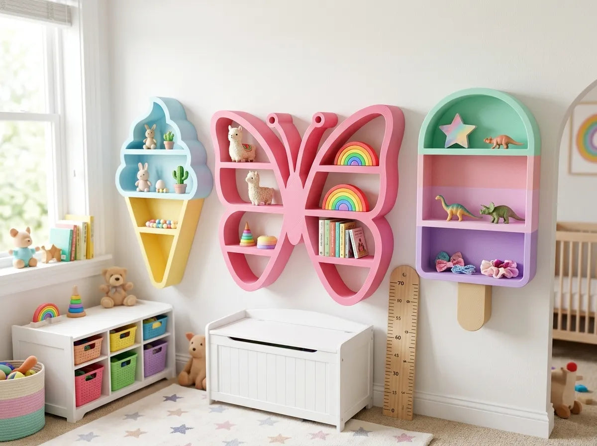 A styled children's room corner featuring three colorful wall-mounted toy shelves shaped like an ice cream cone, a butterfly, and a popsicle, filled with toys and books. A white toy storage bench, a window, and a crib are visible in the room.
