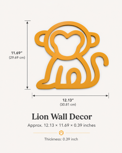 A dimensional diagram of a golden-yellow lion wall decor silhouette with measurements in inches and centimeters, plus text reading 'Lion Wall Decor' and 'Thickness: 0.39 inch' on a light beige background.